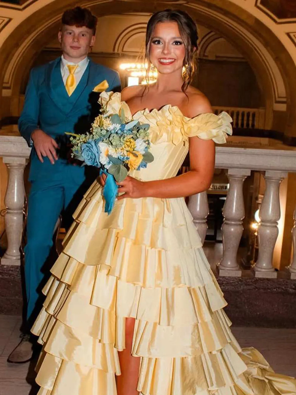 Madelynn | Off-Shoulder Ruched A-Line Layered Satin Prom Dress with Slit sold by KissProm product image thumbnail 3