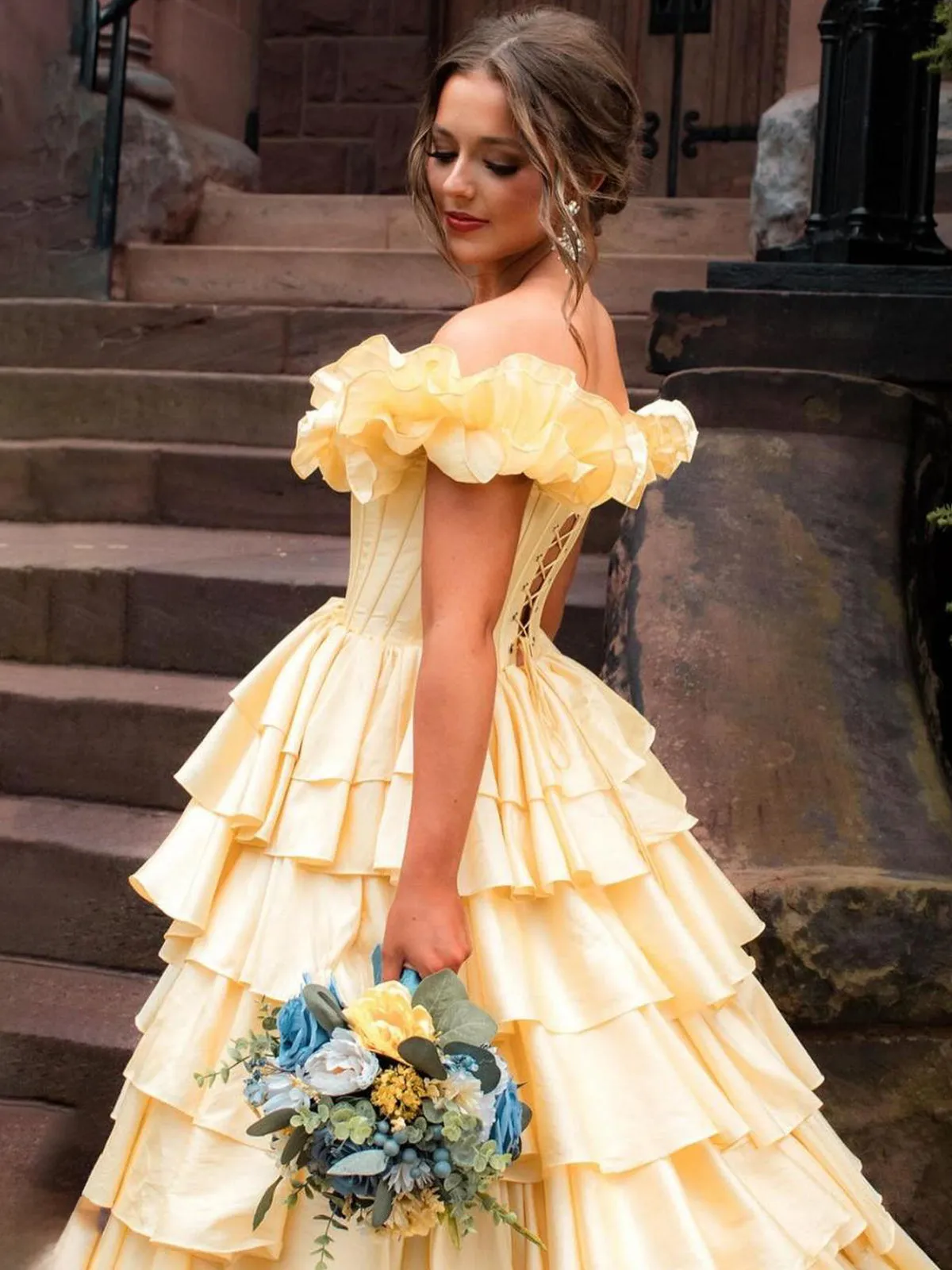 Madelynn | Off-Shoulder Ruched A-Line Layered Satin Prom Dress with Slit sold by KissProm product image thumbnail 4