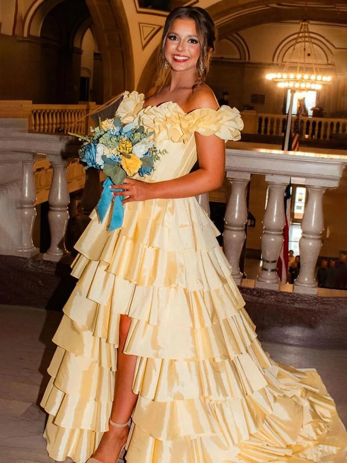 Madelynn | Off-Shoulder Ruched A-Line Layered Satin Prom Dress with Slit sold by KissProm