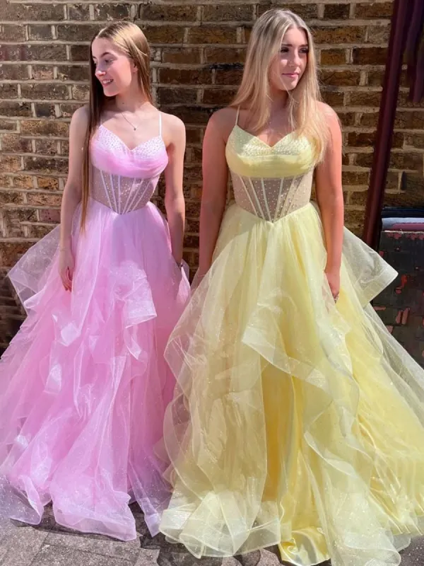 Killian | Spaghetti Straps A-Line V-Neck Ruffles Tulle Long Prom Dress sold by KissProm