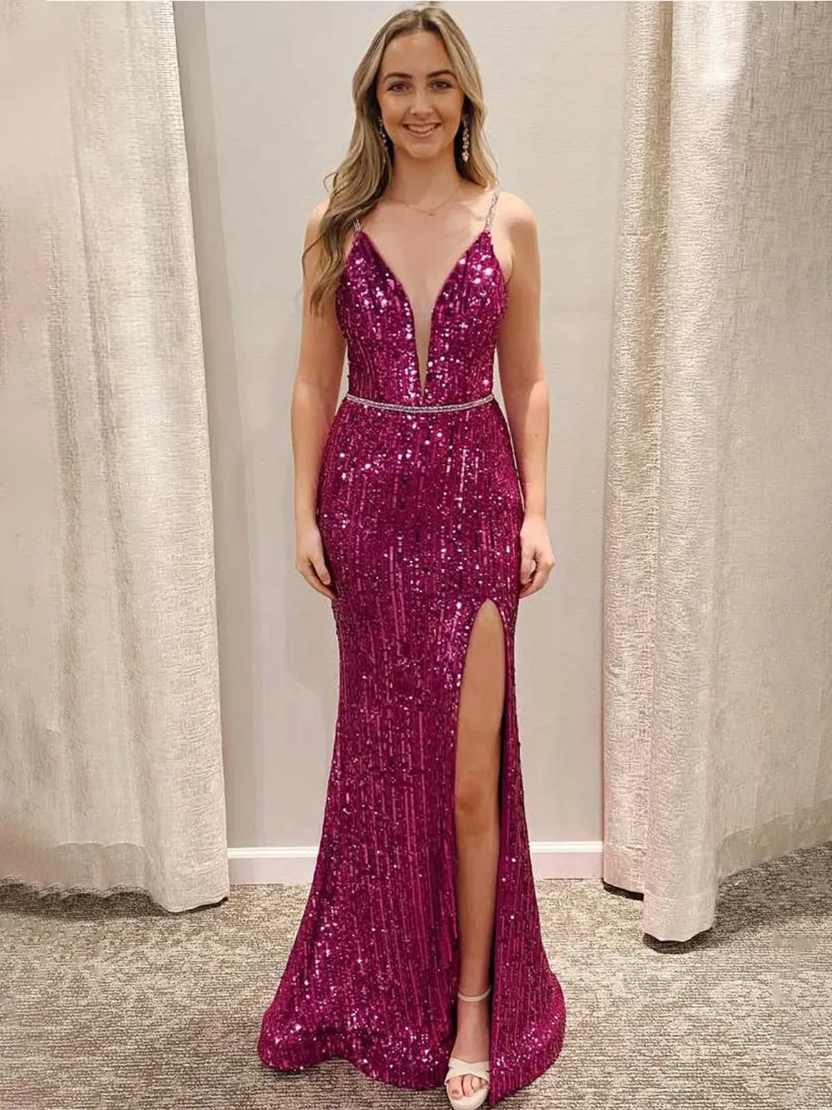 Covie | Mermaid V-Neck Spaghetti Straps Sequined Long Prom Dress with Slit sold by KissProm
