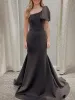 Maud | Black One Shoulder Bow Satin Mermaid Sleeveless Long Prom Dress with Train sold by KissProm