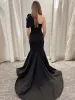 Maud | Black One Shoulder Bow Satin Mermaid Sleeveless Long Prom Dress with Train sold by KissProm