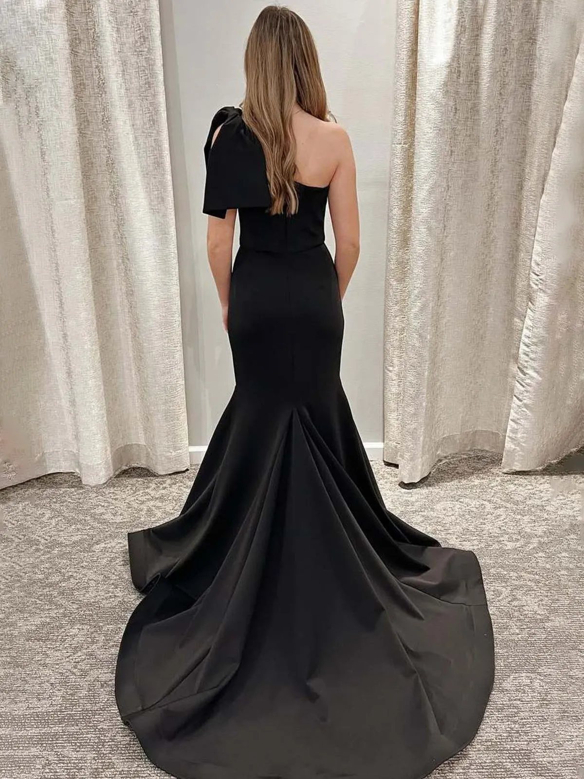 Maud | Black One Shoulder Bow Satin Mermaid Sleeveless Long Prom Dress with Train sold by KissProm product image thumbnail 2