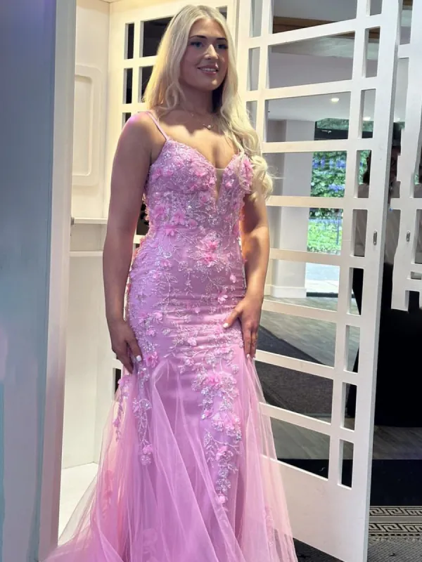 Reuben | Pink Spaghetti Straps Lace Appliques Mermaid Long Prom Dress sold by KissProm