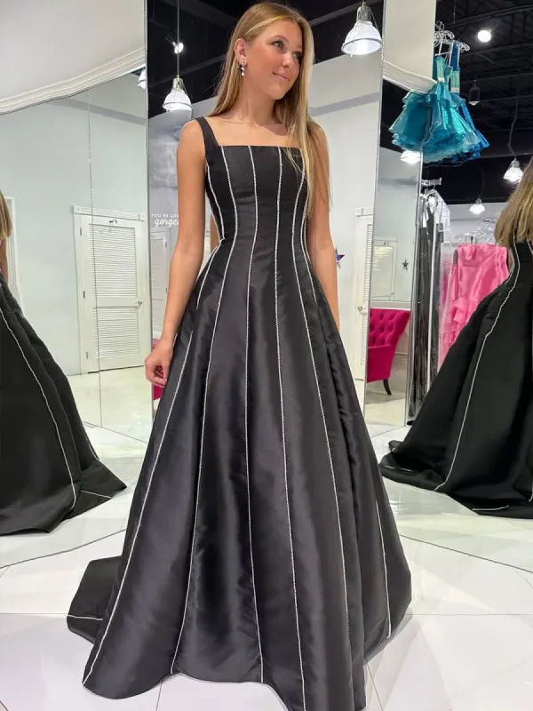 Linlee | Black A-Line Straps Square Beads Pleated Long Prom Dress sold by KissProm
