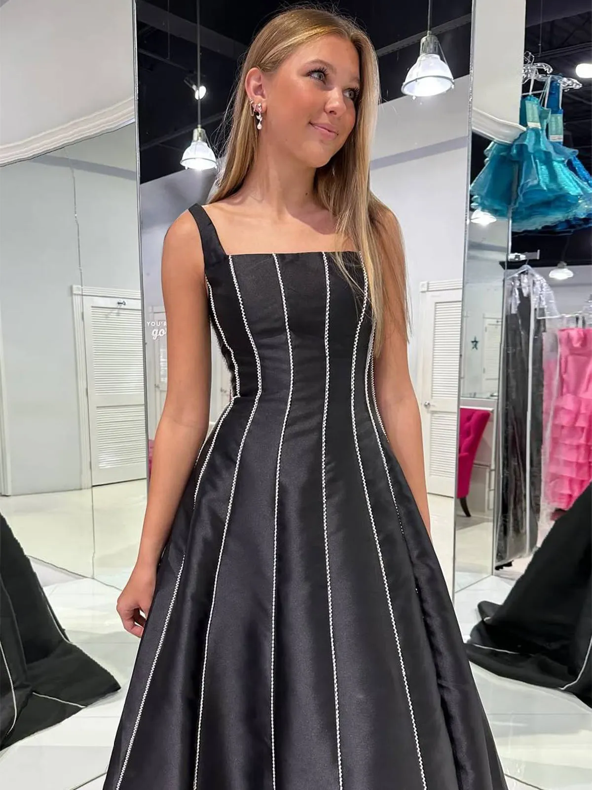 Linlee | Black A-Line Straps Square Beads Pleated Long Prom Dress sold by KissProm product image thumbnail 2