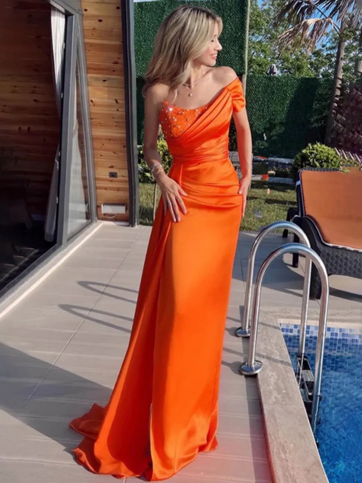 Winston | Orange Mermaid Pleated Satin Empire-Waist Long Prom Dress sold by KissProm