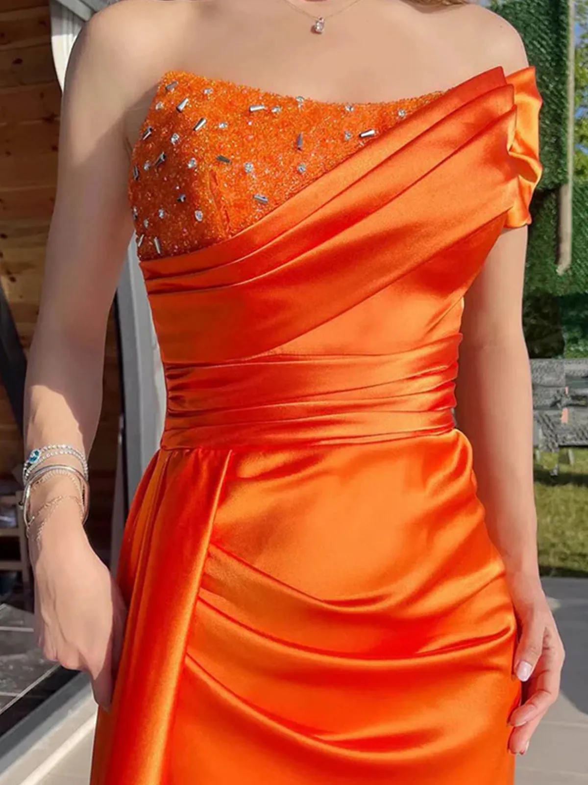 Winston | Orange Mermaid Pleated Satin Empire-Waist Long Prom Dress sold by KissProm product image thumbnail 3