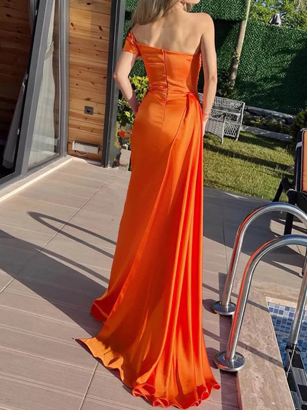 Winston | Orange Mermaid Pleated Satin Empire-Waist Long Prom Dress sold by KissProm product image thumbnail 2