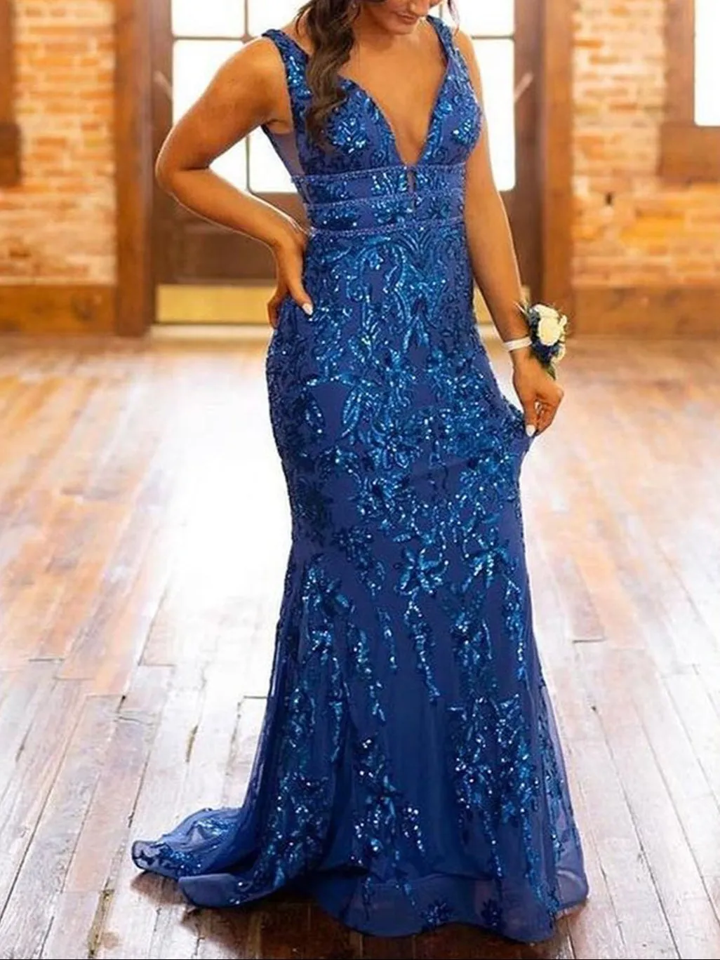 Levi | Mermaid Blue Sequins V Neck Long Prom Dress sold by KissProm