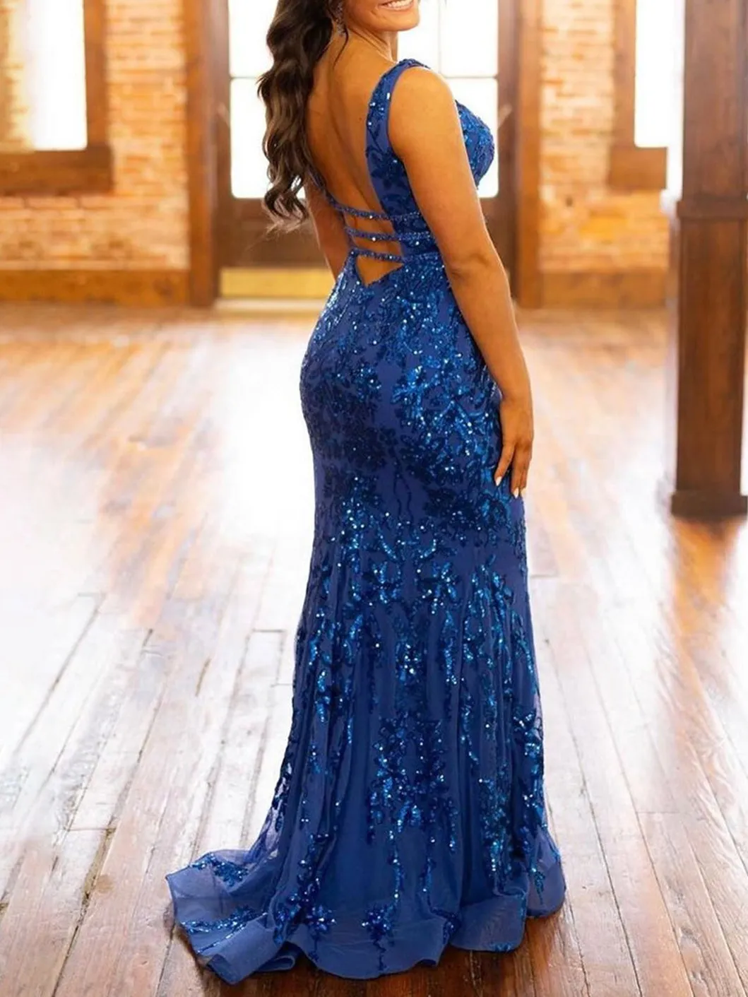Levi | Mermaid Blue Sequins V Neck Long Prom Dress sold by KissProm product image thumbnail 2