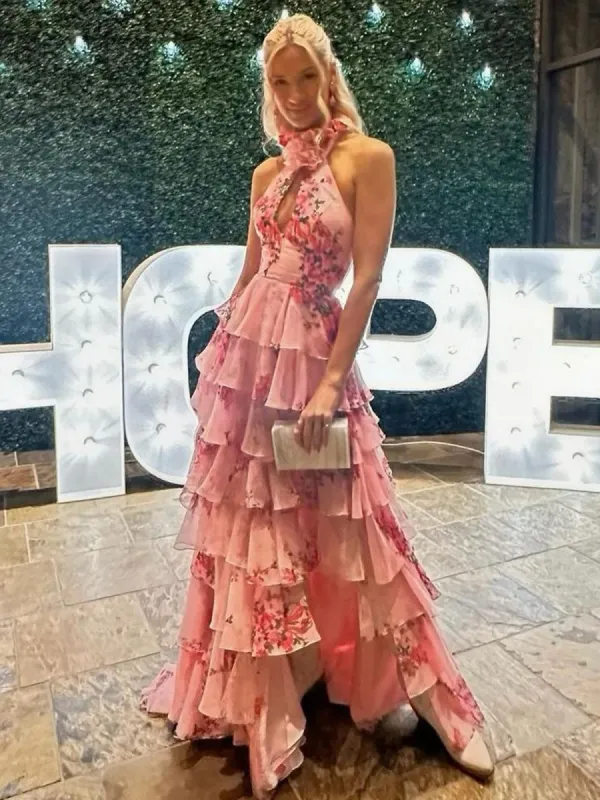 Melinda | Pink A Line Hatler Floral Chiffon Tiered Long Prom Dress sold by KissProm