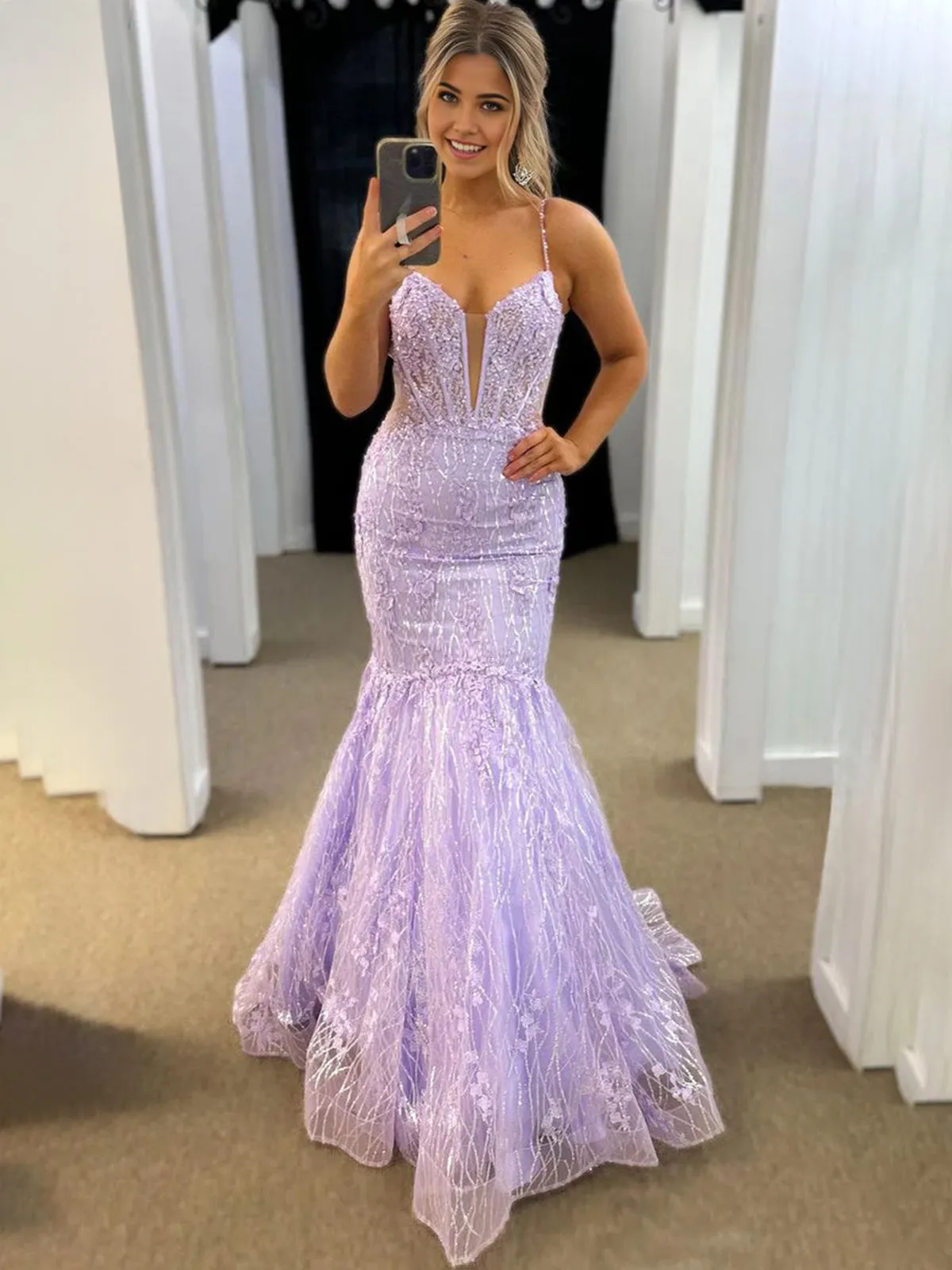 Jennon | Mermaid V Neck Lavender Lace Tulle Long Prom Dresses sold by KissProm