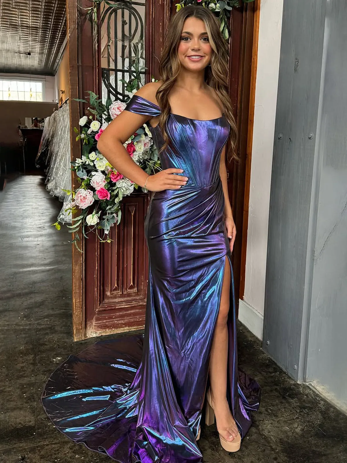 Amiyah | Mermaid Off the Shoulder Purple Metallic Long Prom Dress sold by KissProm
