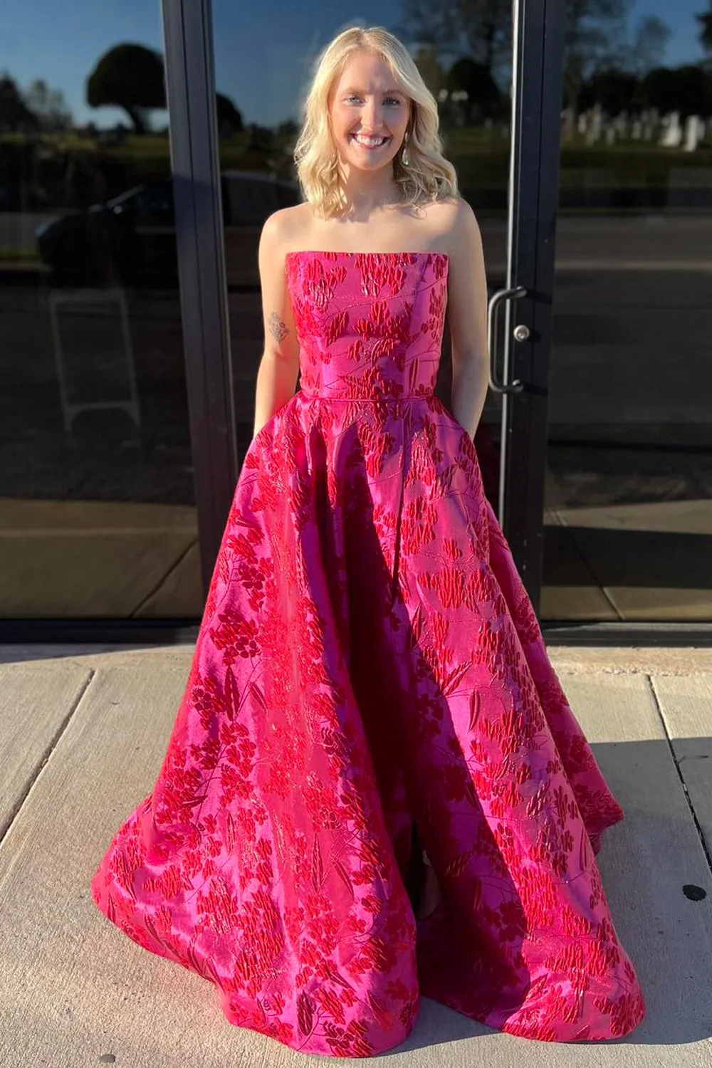 Cute A Line Strapless Fuchsia Jacquard Satin Prom Dress sold by KissProm