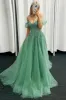 Corbin | Off the Shoulder Mint Green Tulle Lace Prom Dresses with Appliques sold by KissProm