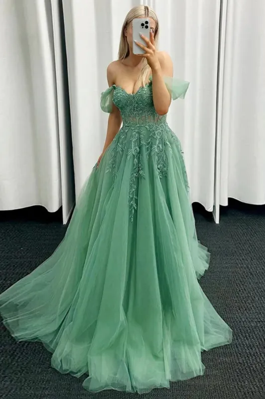 Corbin | Off the Shoulder Mint Green Tulle Lace Prom Dresses with Appliques sold by KissProm