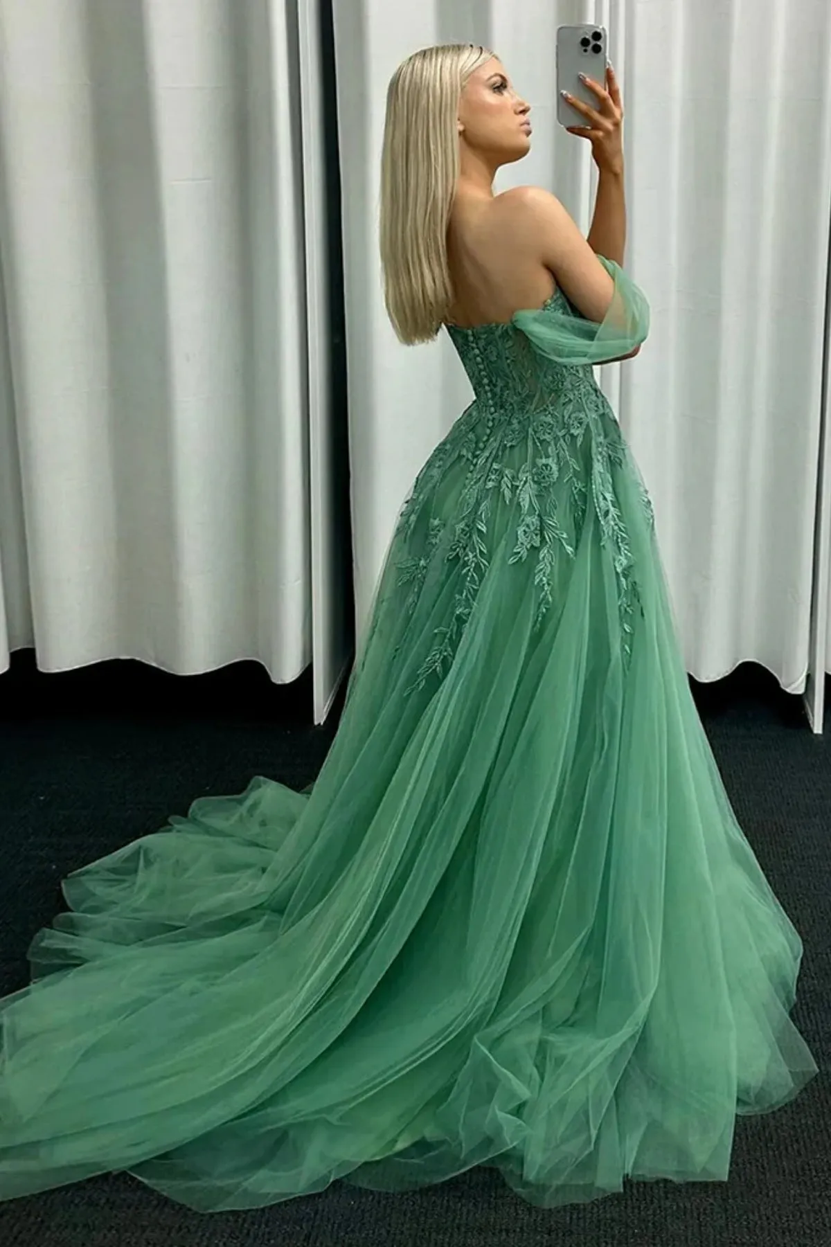 Off the Shoulder Mint Green Tulle Lace Prom Dresses with Appliques sold by KissProm product image thumbnail 2