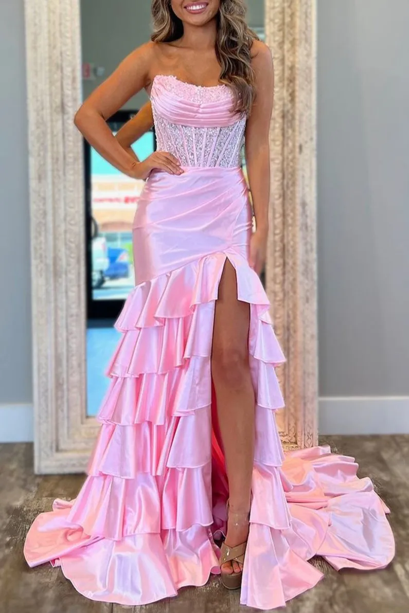 Yvonne | Charming Mermaid Strapless Pink Satin Long Prom Dresses with Appliques sold by KissProm product image thumbnail 2