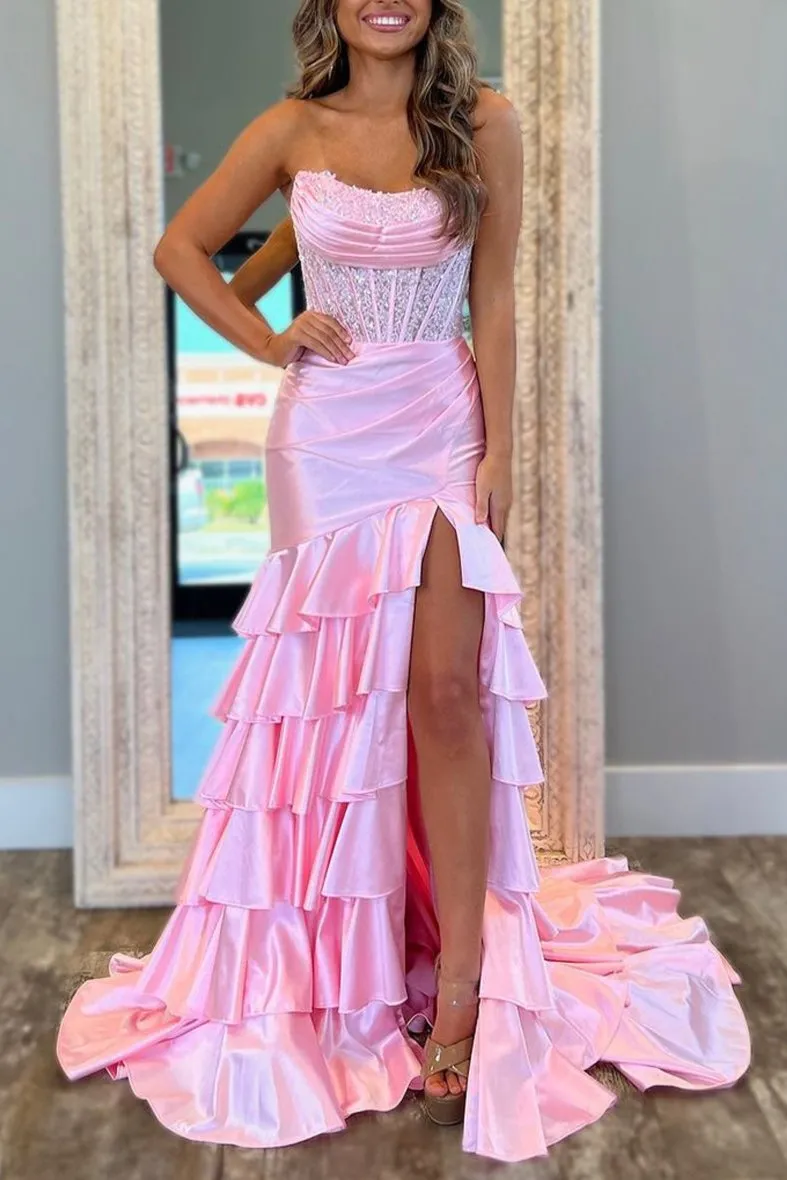 Yvonne | Charming Mermaid Strapless Pink Satin Long Prom Dresses with Appliques sold by KissProm