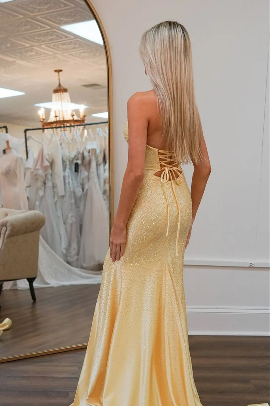 Telah | Glitter Mermaid Yellow Sweetheart Cut-out Long Prom Dress with Beading sold by KissProm product image thumbnail 5