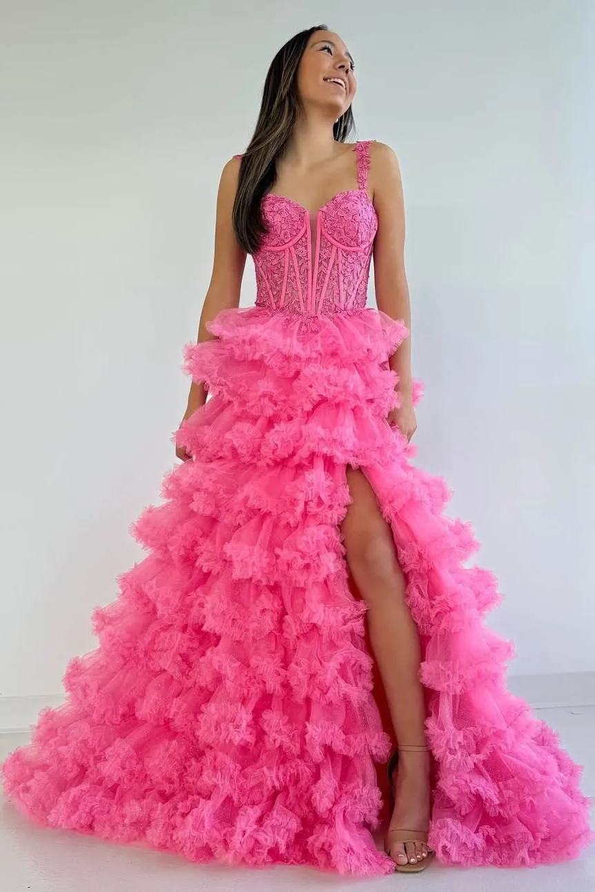 Sidonia | Tiered Ruffles Hot Pink Sweetheart Corset Lace-up Prom Dress with Slit sold by KissProm