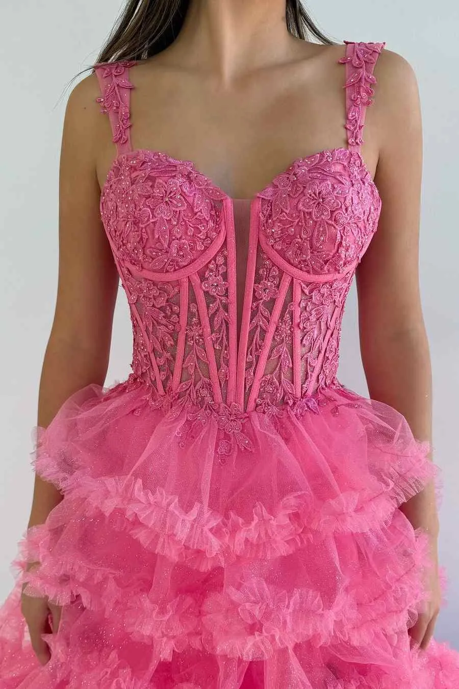 Sidonia | Tiered Ruffles Hot Pink Sweetheart Corset Lace-up Prom Dress with Slit sold by KissProm product image thumbnail 2