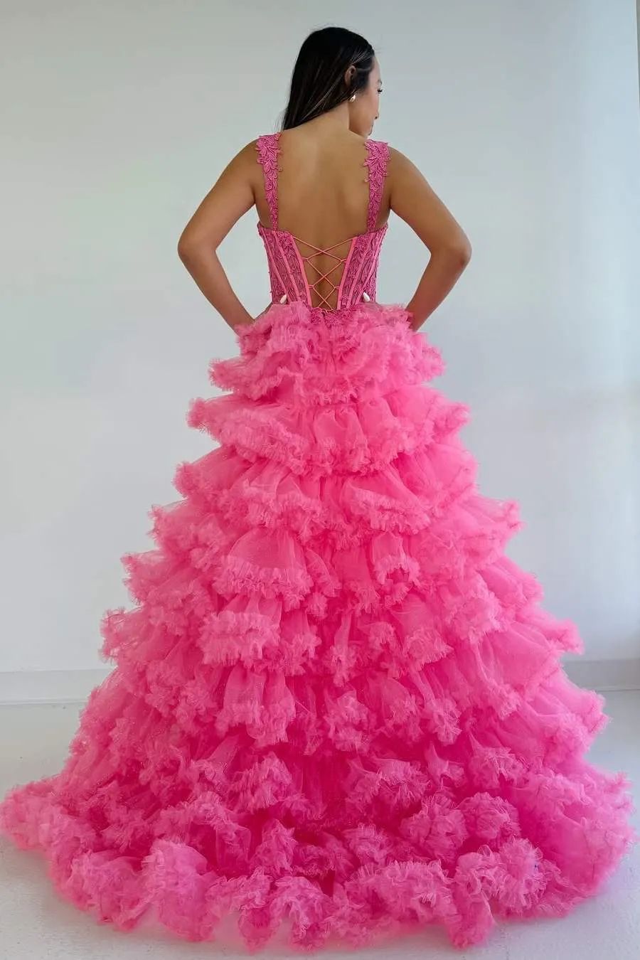 Sidonia | Tiered Ruffles Hot Pink Sweetheart Corset Lace-up Prom Dress with Slit sold by KissProm product image thumbnail 3