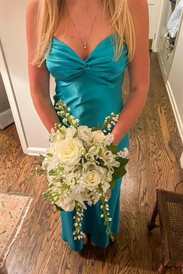 Steph | Turquoise - Halter V-Neck Pleated Satin Sleeveless Long Prom Party Dress sold by KissProm product image thumbnail 3