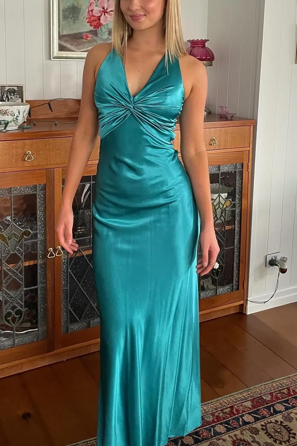 Steph | Turquoise - Halter V-Neck Pleated Satin Sleeveless Long Prom Party Dress sold by KissProm