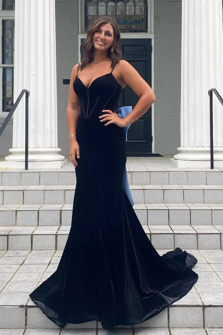 Jesai | Elegant Mermaid V-Neck Spaghetti Straps Velvet Formal Prom Dress with Bow sold by KissProm