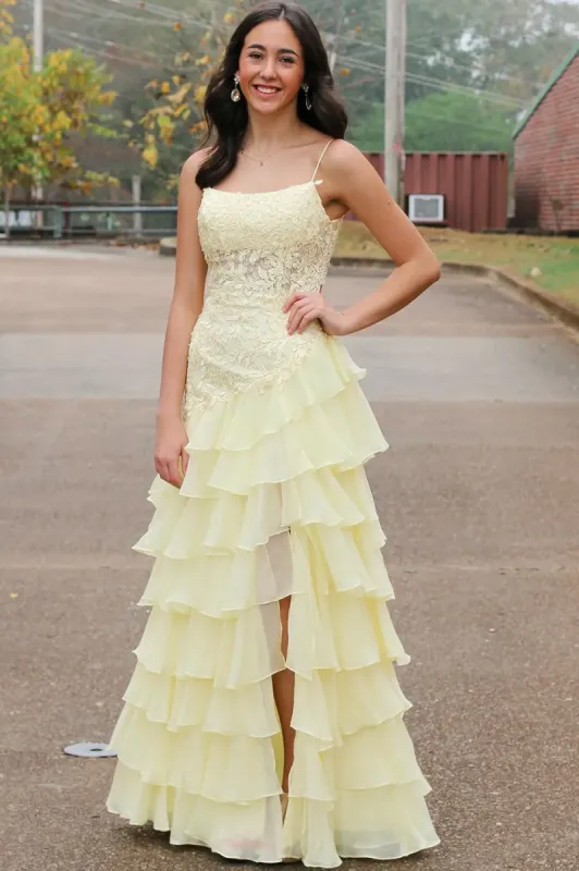 Spaghetti Straps Appliques A-Line Layered Chiffon Prom Dress with Slit sold by KissProm