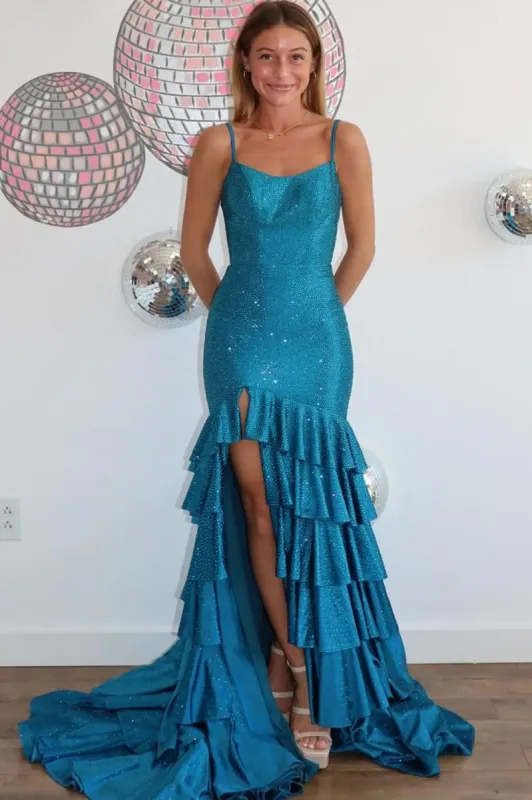 Enolia | Mermaid Spaghetti Straps Rhinestone Ruffles Long Prom Dress with Slit sold by KissProm