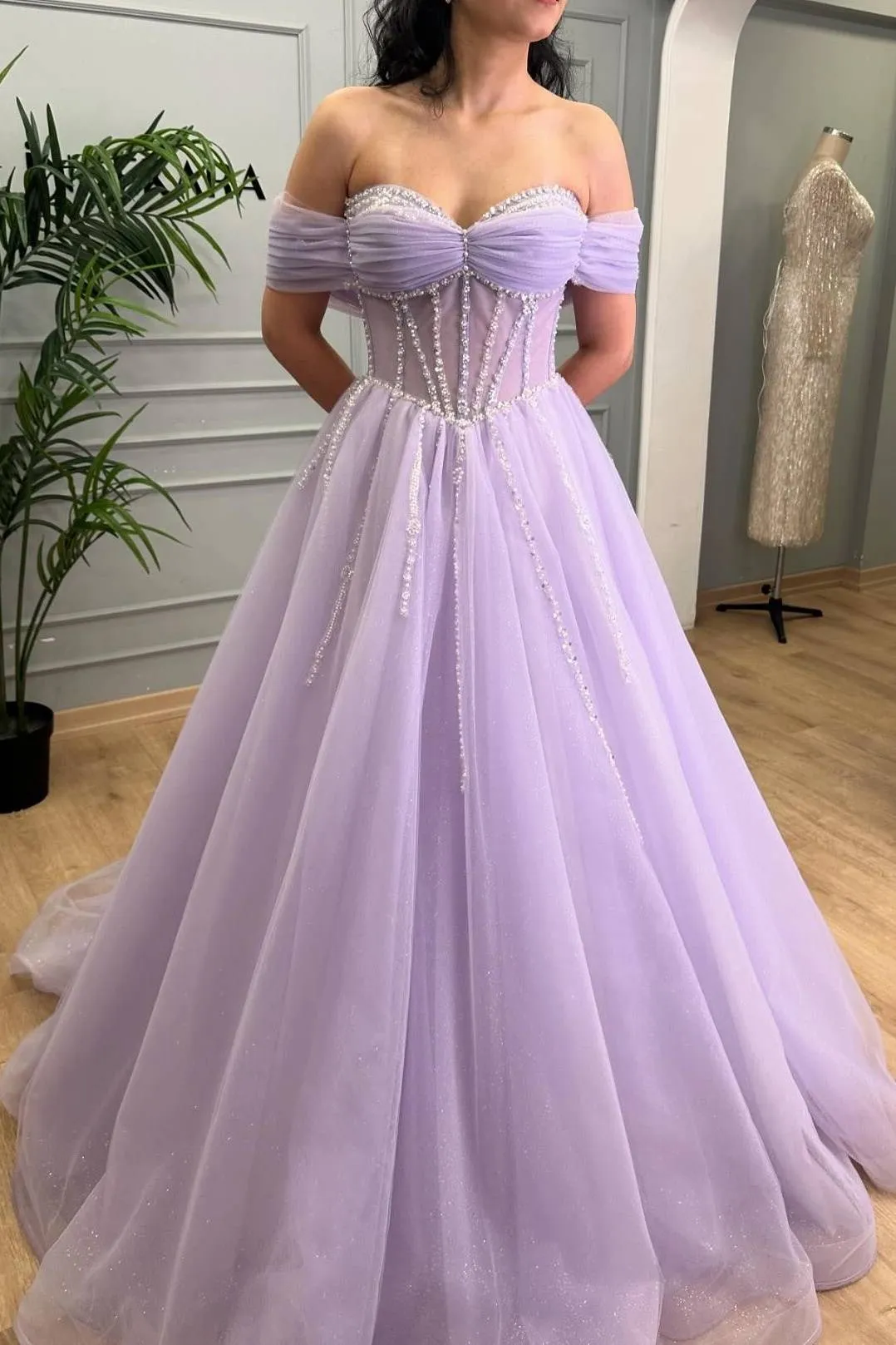 Lavender Beaded A-Line Tulle Prom Dress with Off Shoulder sold by KissProm product image thumbnail 5