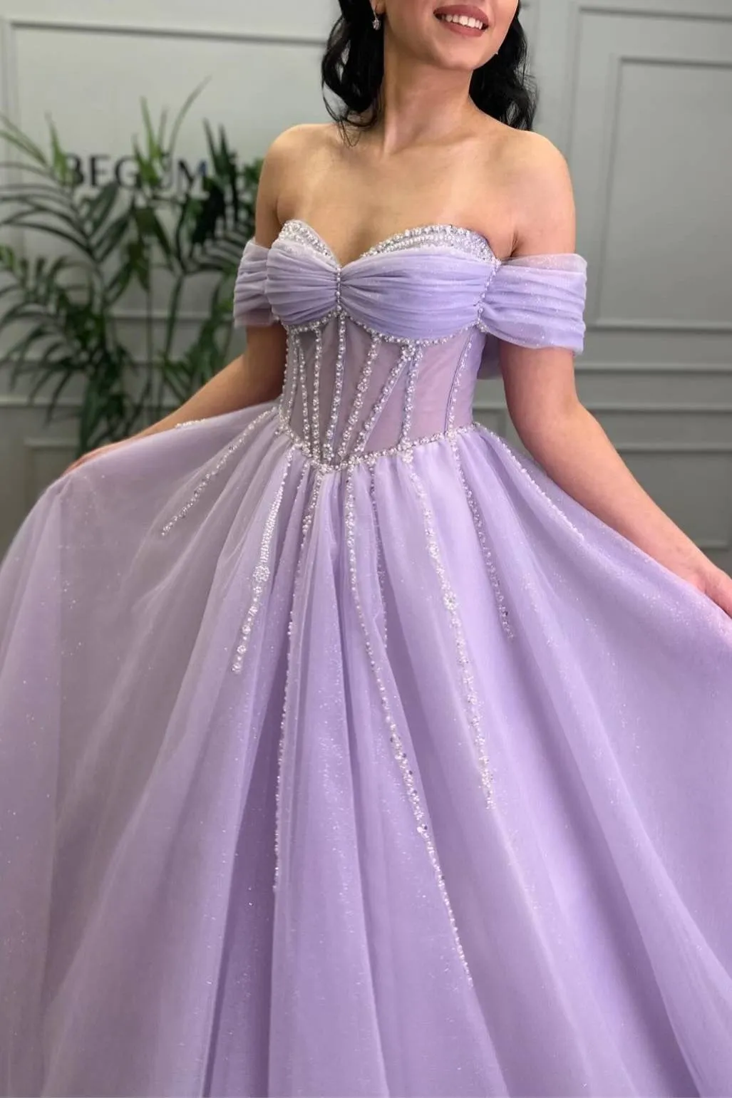 Lavender Beaded A-Line Tulle Prom Dress with Off Shoulder sold by KissProm product image thumbnail 2