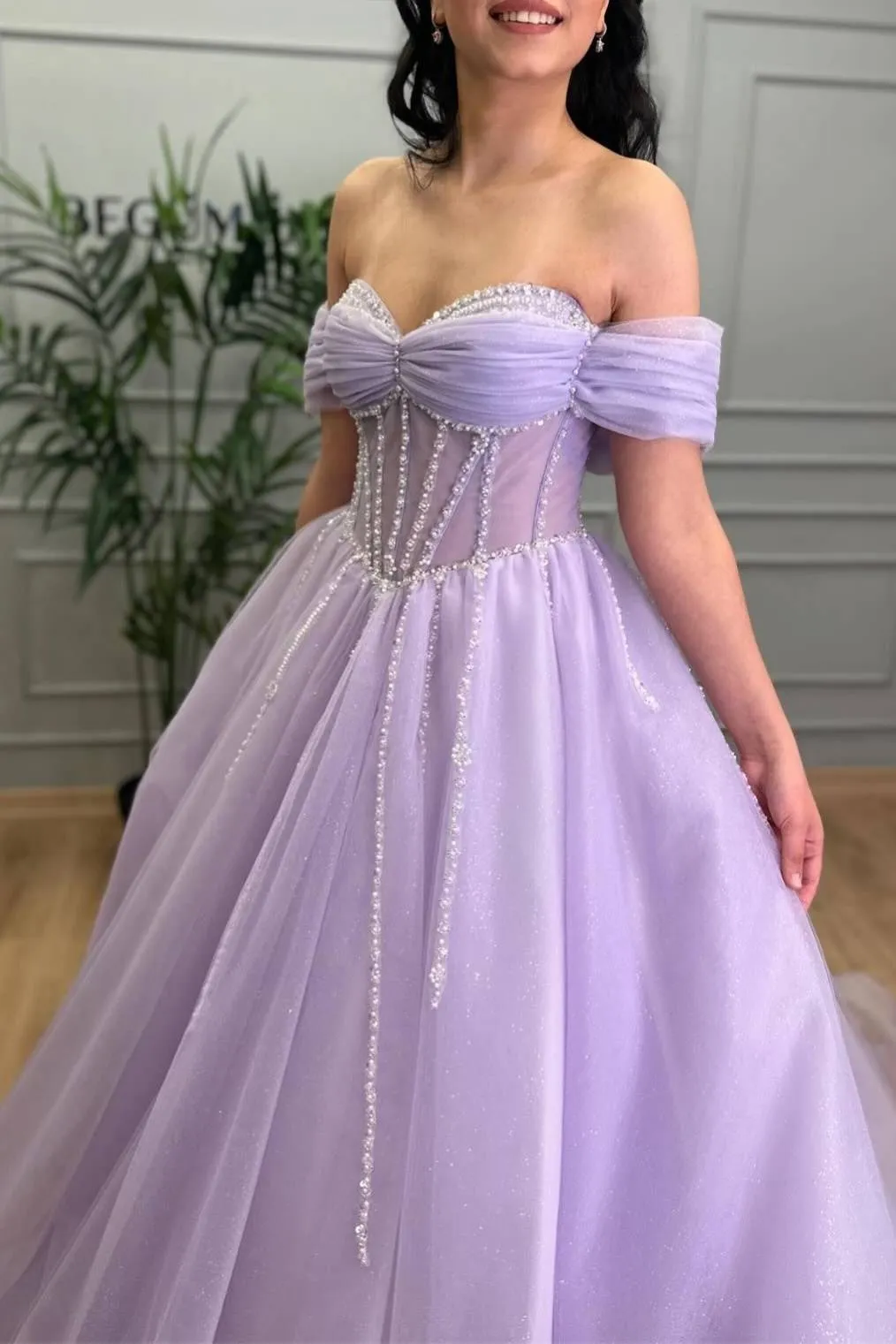 Lavender Beaded A-Line Tulle Prom Dress with Off Shoulder sold by KissProm product image thumbnail 3