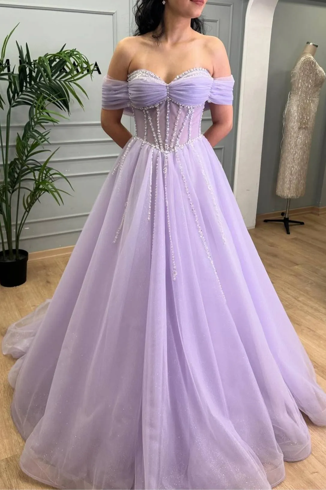 Lavender Beaded A-Line Tulle Prom Dress with Off Shoulder sold by KissProm