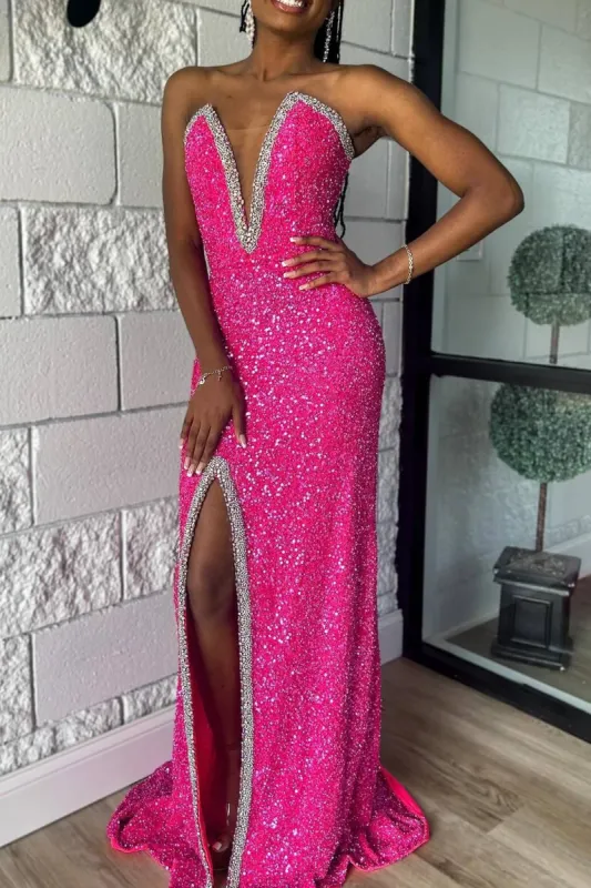 Rogue | Plunging Neck Sequin Mermaid Prom Dress with Slit made by KissProm