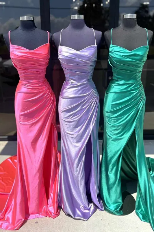 Hudson | Fuchsia Spaghetti Straps Mermaid Satin Slit Prom Dresses sold by KissProm