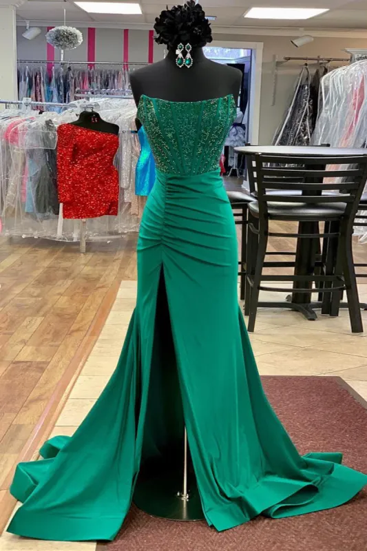 Azurine | Glitter Emerald Green Strapless Beaded Mermaid Long Corset Prom Dress with Slit sold by KissProm