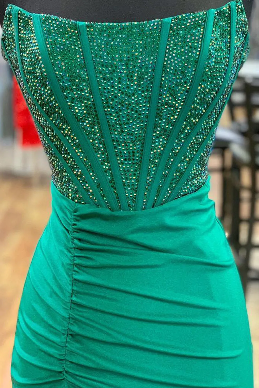Azurine | Glitter Emerald Green Strapless Beaded Mermaid Long Corset Prom Dress with Slit sold by KissProm product image thumbnail 2
