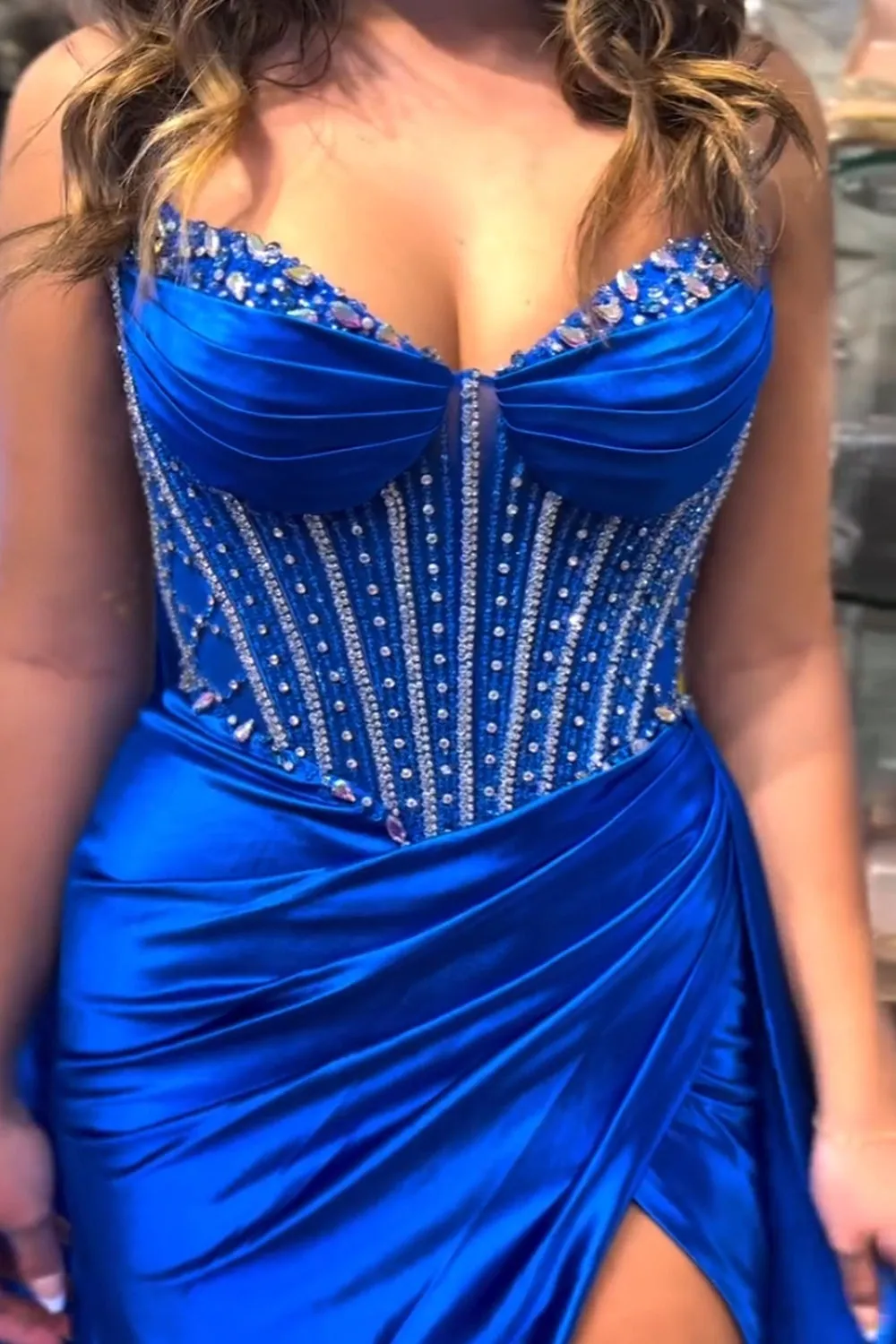 Barbie | Glitter Royal Blue Satin Mermaid Spaghetti Straps Long Corset Prom Dress with Beading sold by KissProm product image thumbnail 4