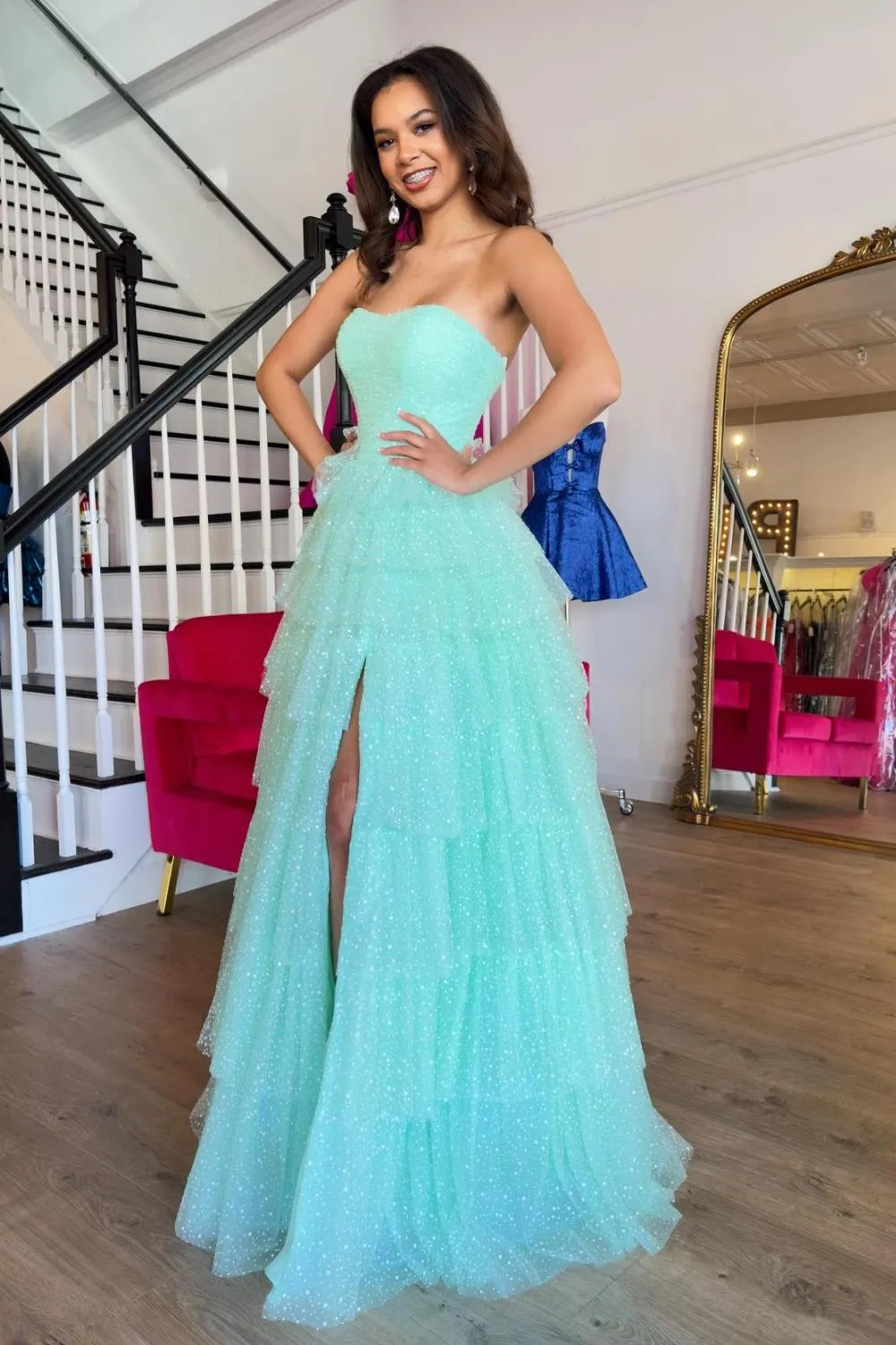 Aqua Blue Sweetheart Tulle Tiered A-Line Long Prom Dress with Slit sold by KissProm product image thumbnail 4