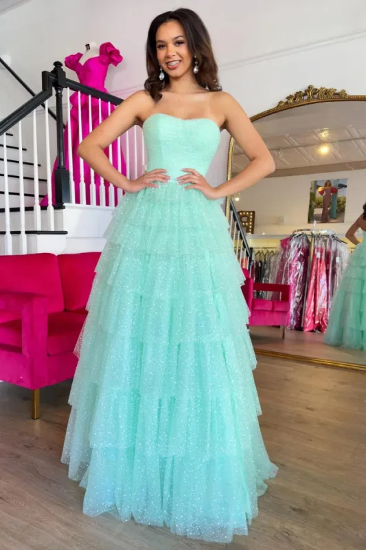 Brigitta | Aqua Blue Sweetheart Tulle Tiered A-Line Long Prom Dress with Slit sold by KissProm