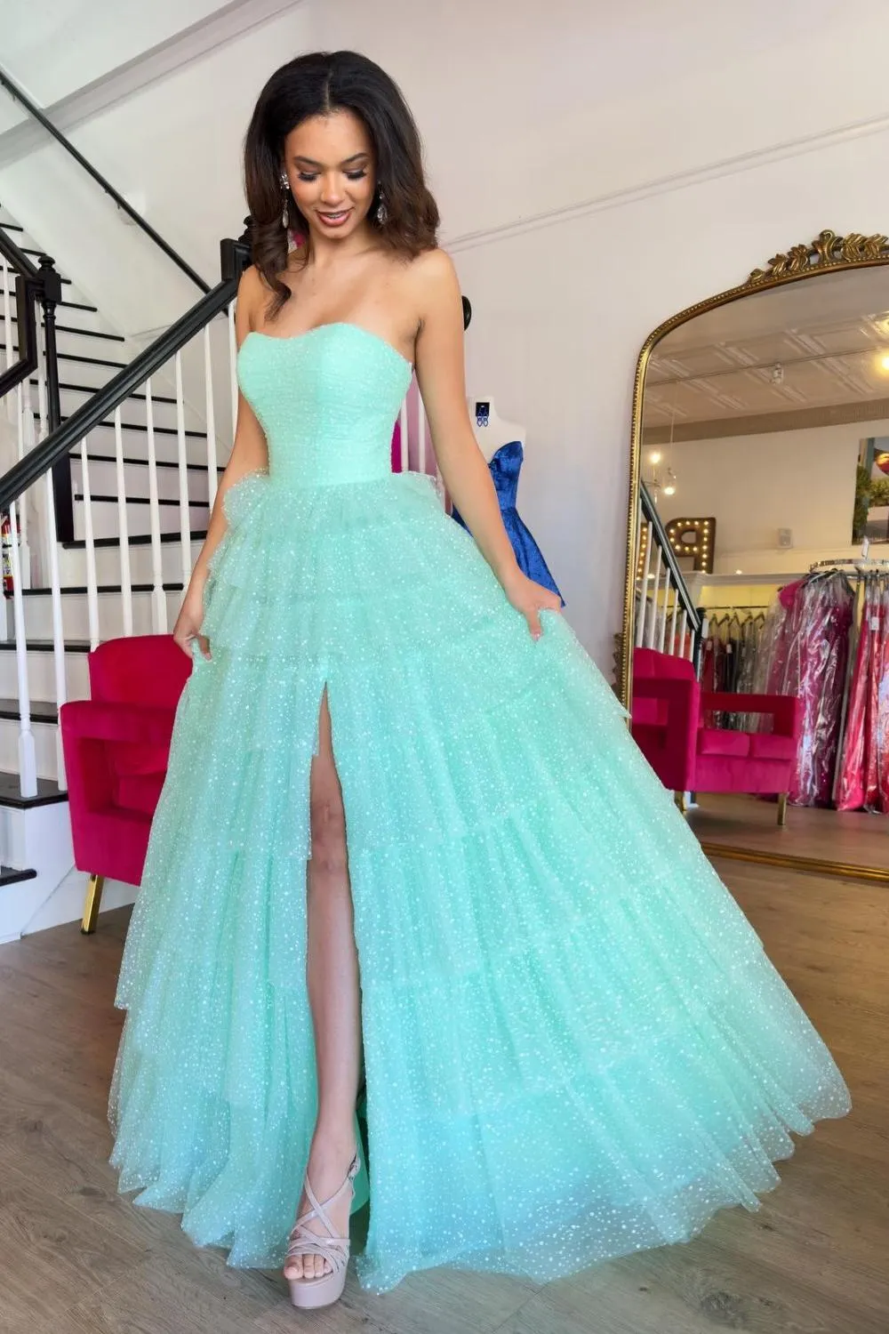 Aqua Blue Sweetheart Tulle Tiered A-Line Long Prom Dress with Slit sold by KissProm product image thumbnail 3