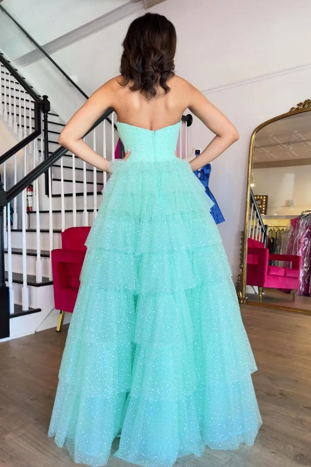 Aqua Blue Sweetheart Tulle Tiered A-Line Long Prom Dress with Slit sold by KissProm product image thumbnail 2