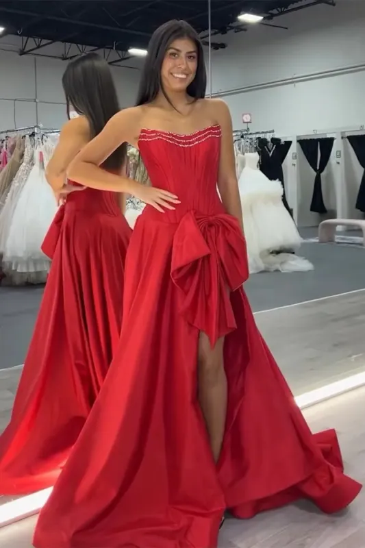 Jhenee | Trendy Red Strapless A-Line Satin Long Corset Prom Dress with Bow sold by KissProm
