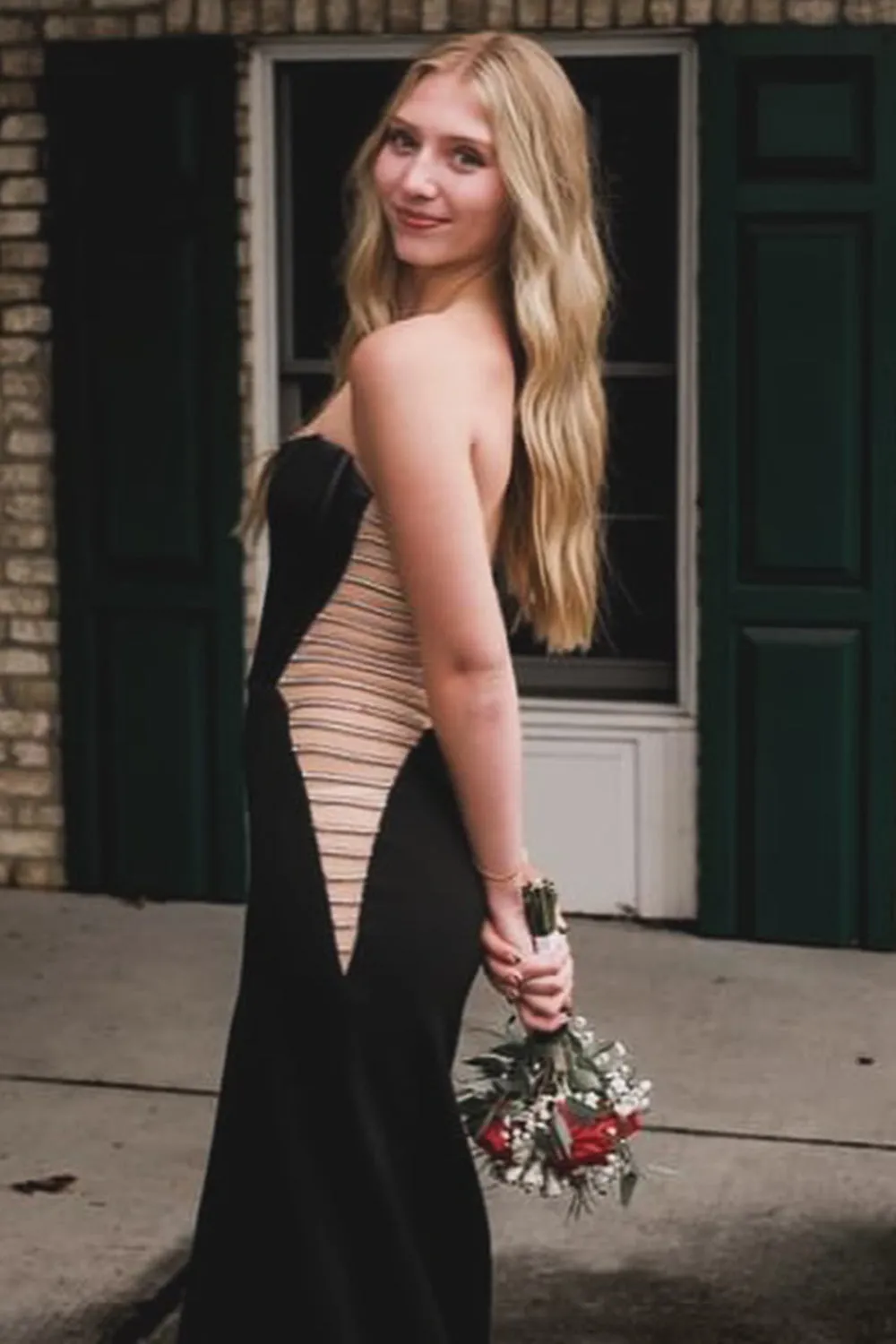 Black Strapless Mermaid Cut-out Long Corset Prom Dress with Slit sold by KissProm product image thumbnail 2