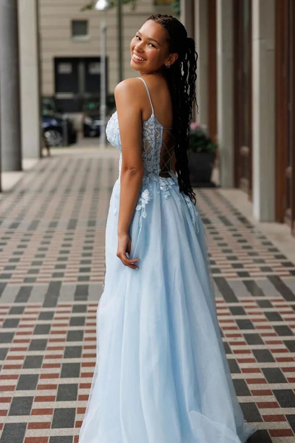 Bertram | A-Line Tulle Blue Long Corset Spaghetti Straps Prom Dress with Appliques sold by KissProm product image thumbnail 3
